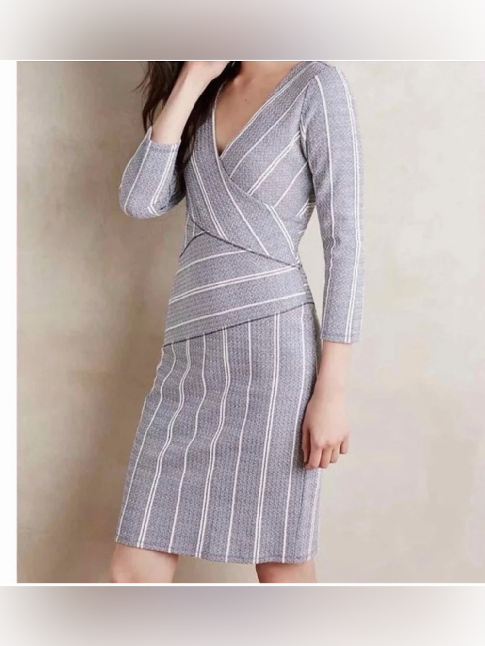 Anthropologie Maeve Striped Grey Wrap Midi Dress V-Neck Business Office Small